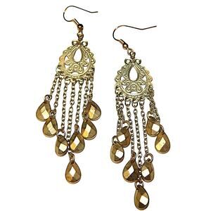 3.5" Vintage Dazzling Brushed Golden Faucet Metal Drops Chandelier Earrings